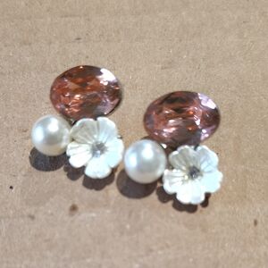 Blush Pink Crystal, Pearl & White Flower Stud Earrings